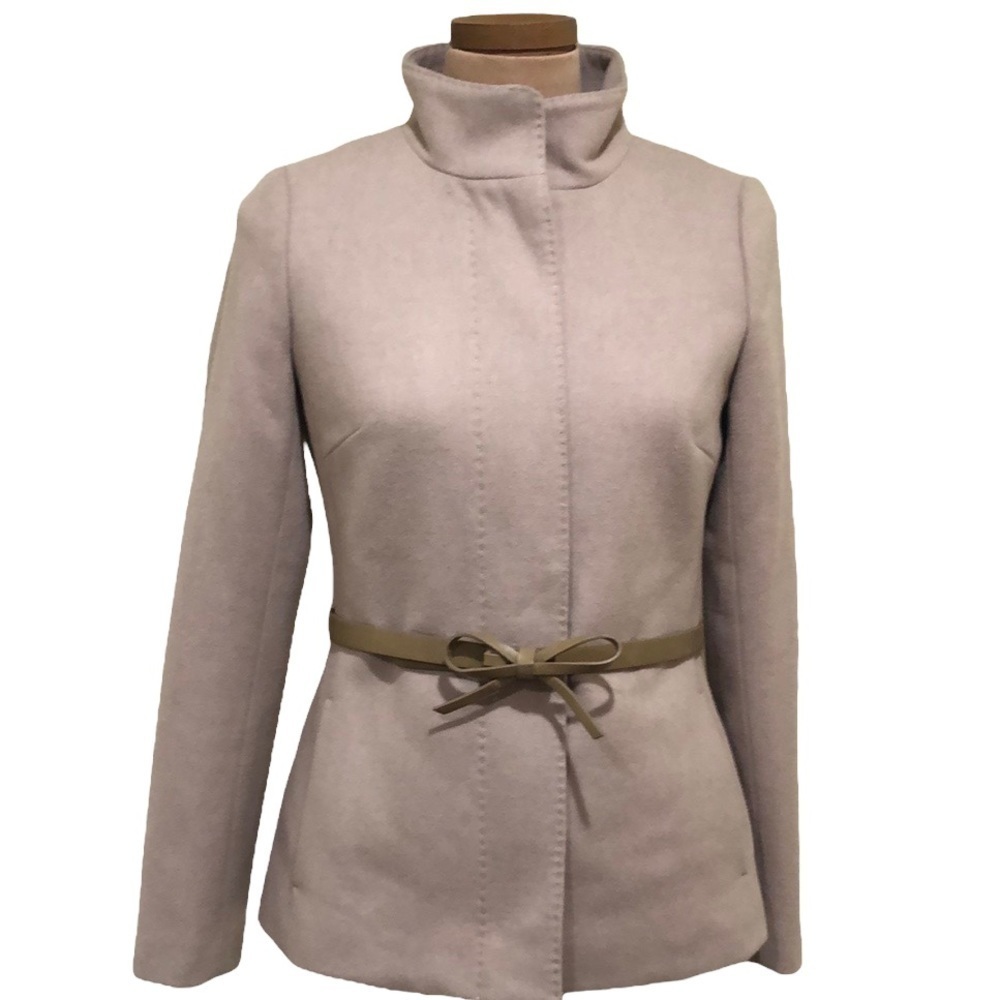 Banana Republic Wool Coat Size XS Tan Bow Belt Stand Collar Full Zip